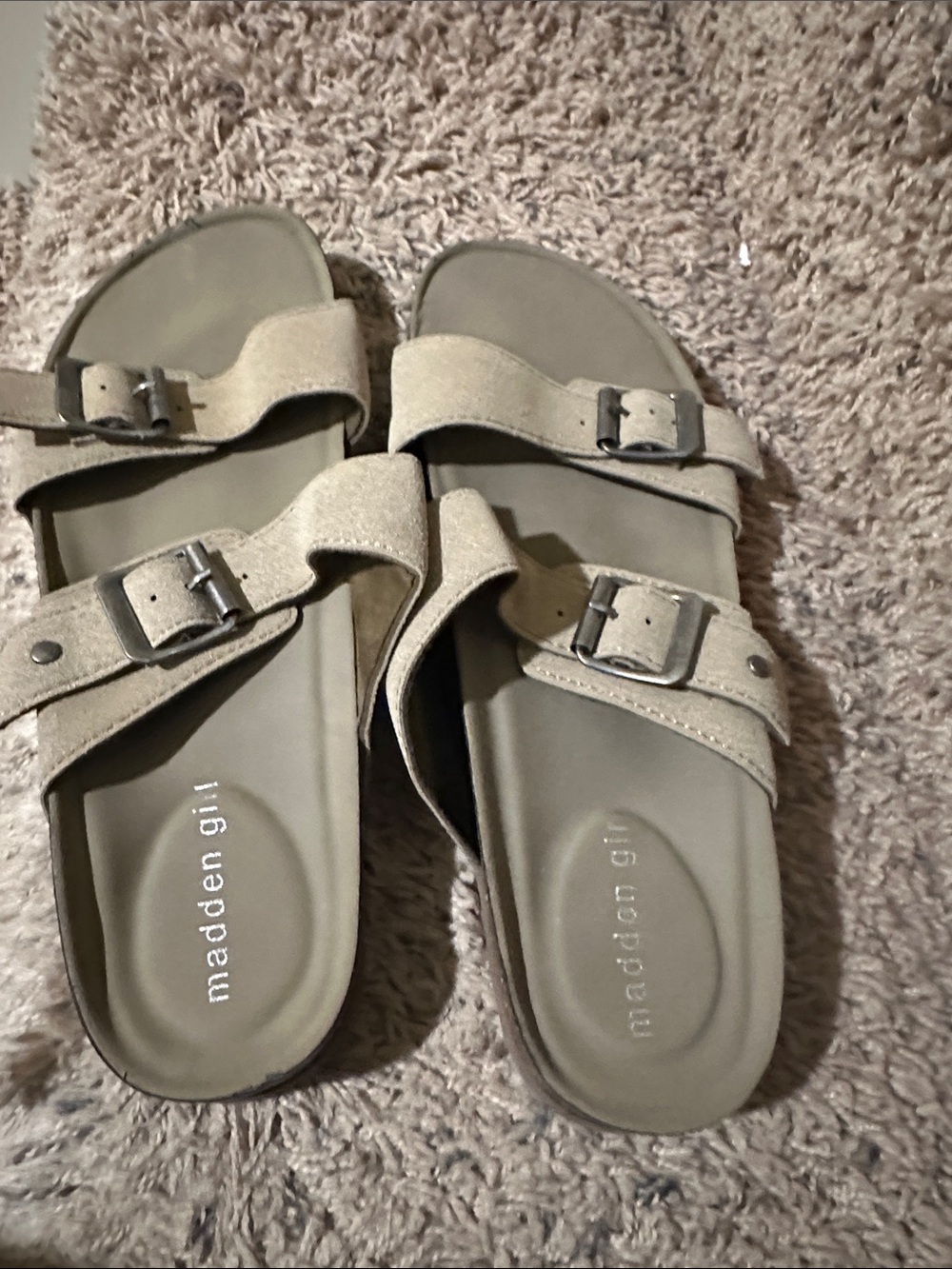 Madden Girl Taupe Double Buckle Slides